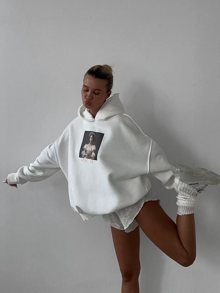 Season simple foreign style ins style lady print American thickened hooded personalized trend sweater