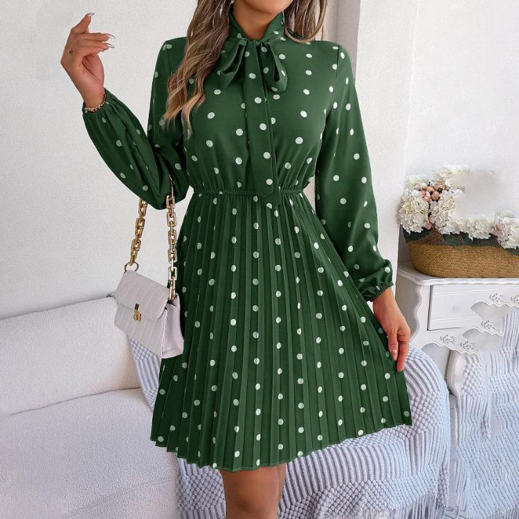 High Waist Women's Long Sleeve Dress Lace Up Pleated Dot Temperament Autumn Winter
