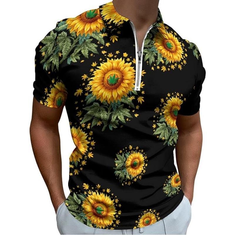Sunflower Weed Leaf Plant Mens Zip Up Polo Shirts Casual Short Sleeve Golf Collared Shirt Slim Fit Tee Top
