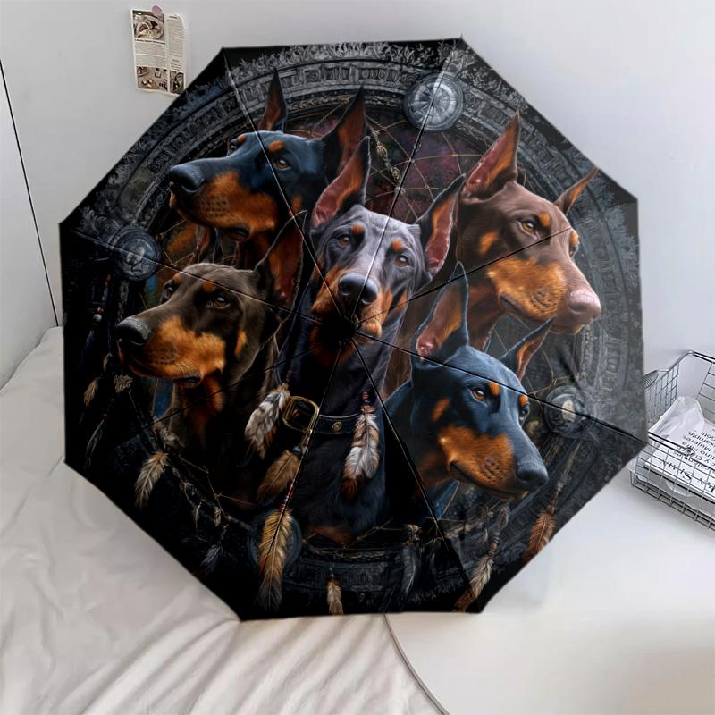 Retro Dog  Pattern, Automatic Folding Umbrella, Portable and Foldable Design, 8 Ribs, a Christmas or Birthday Gift.