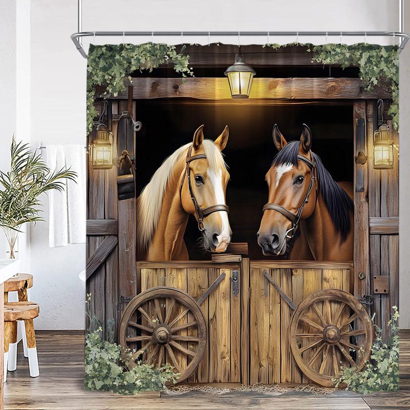Western Barn Horse Shower Curtains Sunflower Lavender Floral Farmhouse Wooden Door Farm Animal Bathroom Curtain Decor with Hooks