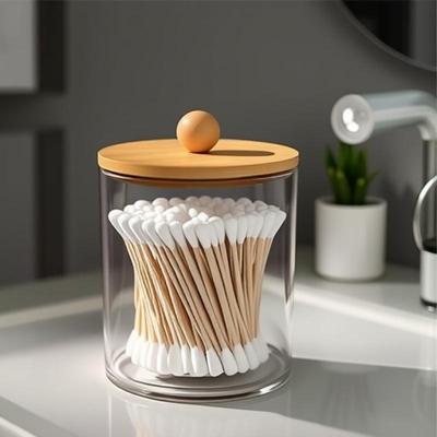Transparent Diamond Pattern Cotton Swab Holder - Bamboo Lid, Portable Round Cosmetic Storage Box
