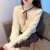 Fashion New 2024 Autumn Winter Long Sleeve Lace Up Stand Collar Velvet Lace Blouse Shirt Women Tops Blouses Shirts J758