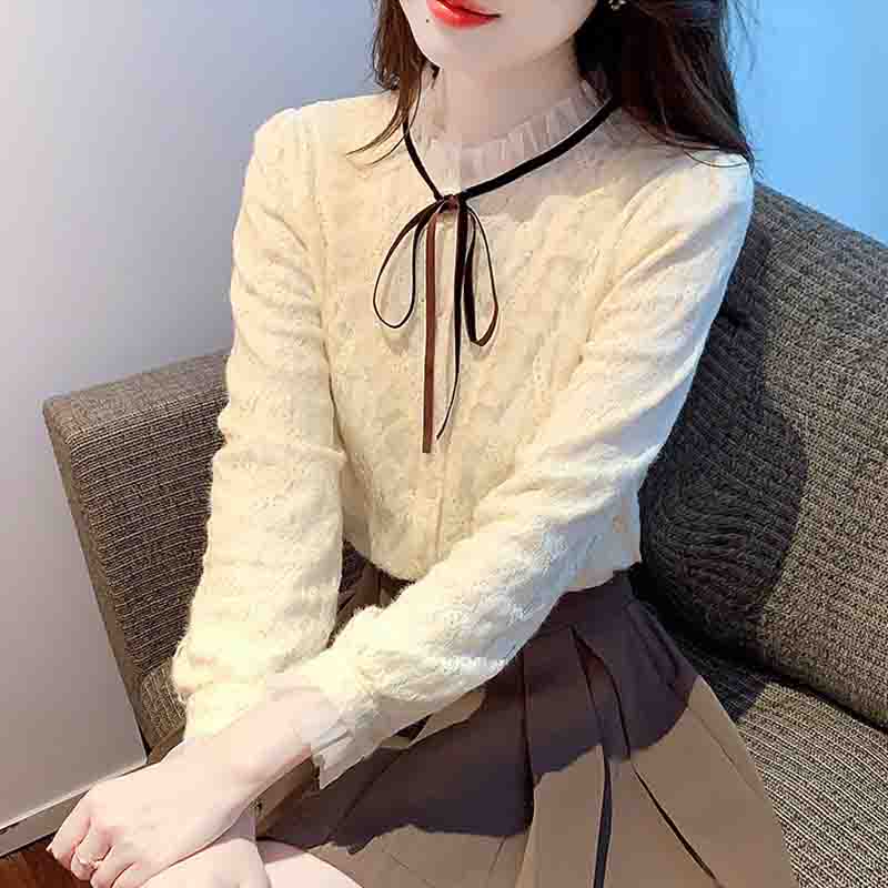 Fashion New 2024 Autumn Winter Long Sleeve Lace Up Stand Collar Velvet Lace Blouse Shirt Women Tops Blouses Shirts J758