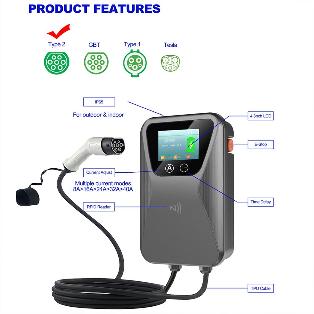 7KW 32A  EV Charging Station Type-2 1Phase EV Car Charger IEC62196-2 EVSE Wallbox APP Control Charge now/Card charging