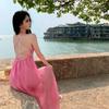 French Pink Ruffle Edge Suspender Dress Women's Summer Seaside Vacation Irregular Temperament Waist Long Skirt