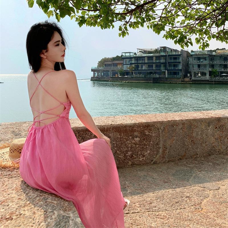 French Pink Ruffle Edge Suspender Dress Women's Summer Seaside Vacation Irregular Temperament Waist Long Skirt