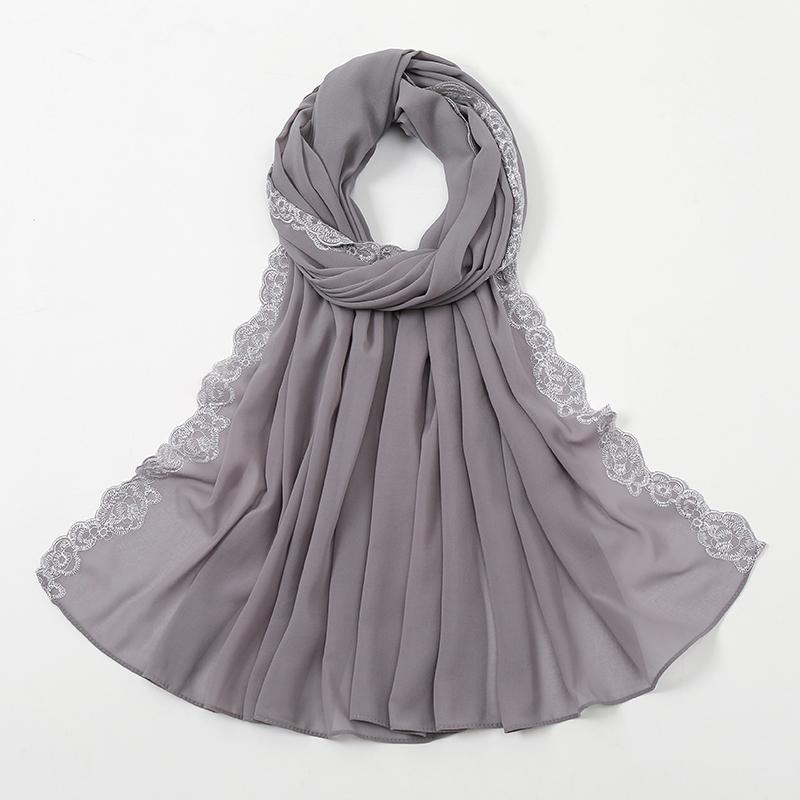 Einfacher Spitzenschal Bubble Chiffon Hijabs für Frauen Einfarbige Bestickte Schals Chiffon Muslimischer Frauenschleier Eid Abaya Frau Turban