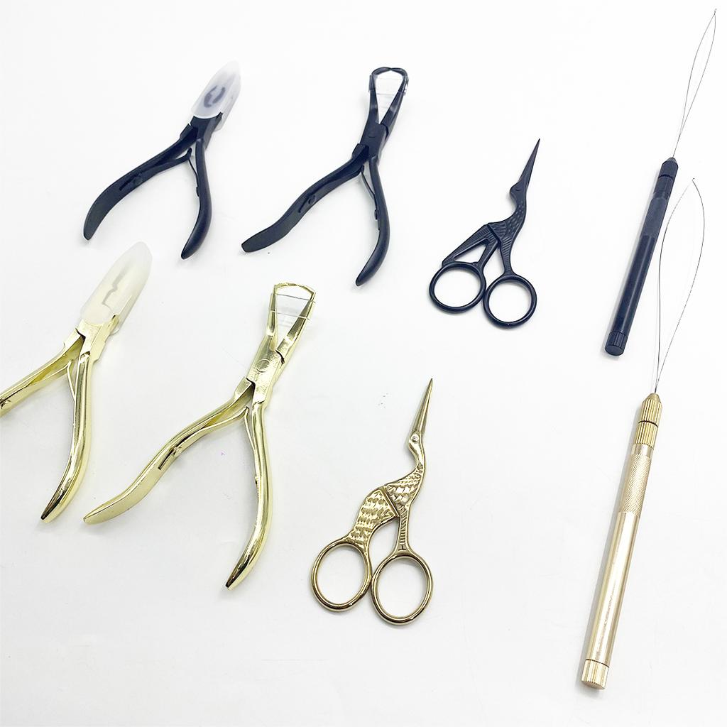 Black Color Hair Extension Tools Kit with Micro Beads Closer Plier Loop Threader Scissors Weaving Needles and Clips
