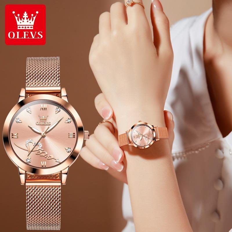 OLEVS Luxury Love Heart Diamond Ladies Watches Stainless Steel Mesh Strap Waterproof Quartz Wristwatch for Women Gift