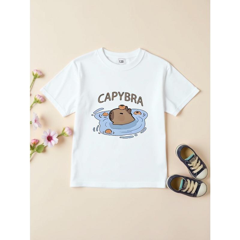 Kids Crewneck Short Sleeve Tee, Stretch Round Neck Cartoon Print 110 белый