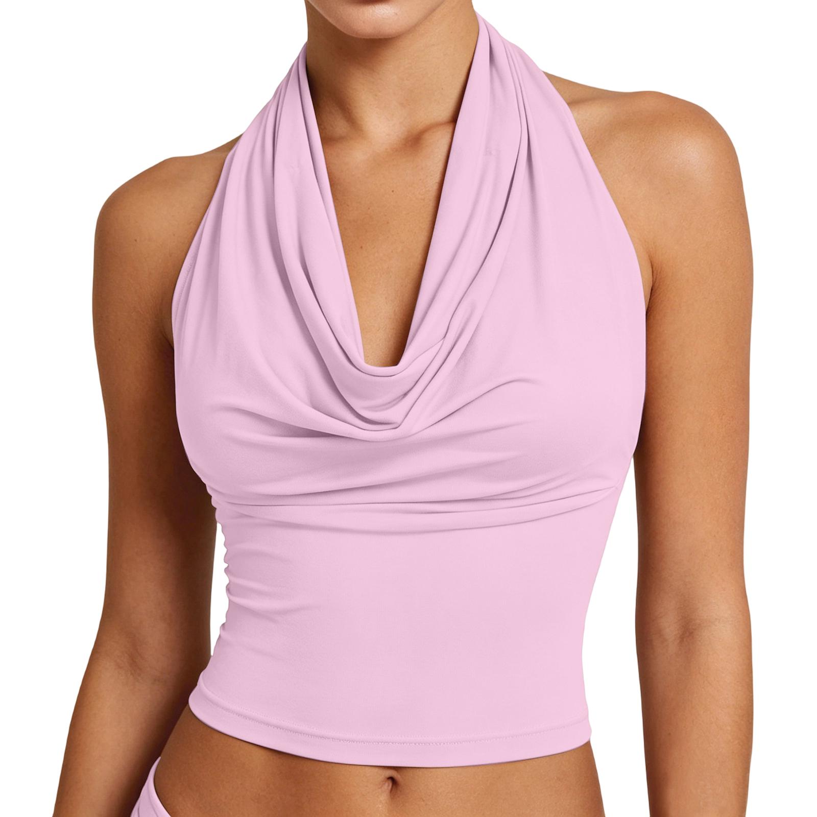 Womens Neck Cowl Front Sleeveless Fitted Crop Top Stretchy Soft Fabric Casual Basic Tank Top M розовый
