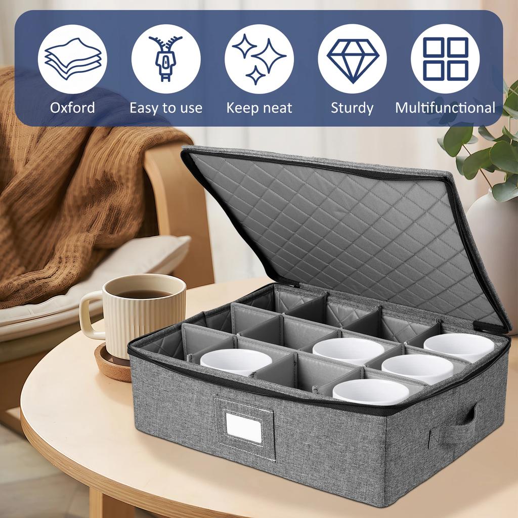 Oxford cloth Stackable Mug Storage Box with zipper for 12pcs Cups Organizer box for Kitchen Cabinets Space-Saving Cup Holder