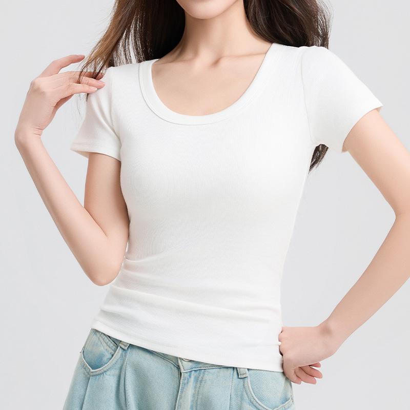 

Женская хлопковая футболка 2025 года, однотонная, с U-образным вырезом и коротким рукавом, на лето L (105-115 jin)