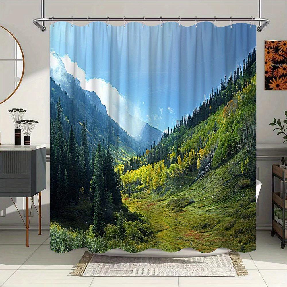 1Pc Alpine Valley Bath Curtain - Vibrant Fall Colors, Sunlit Meadows & Evergreen Forest Design, 70. 86 X 70. 86 Inches, 12 Hooks