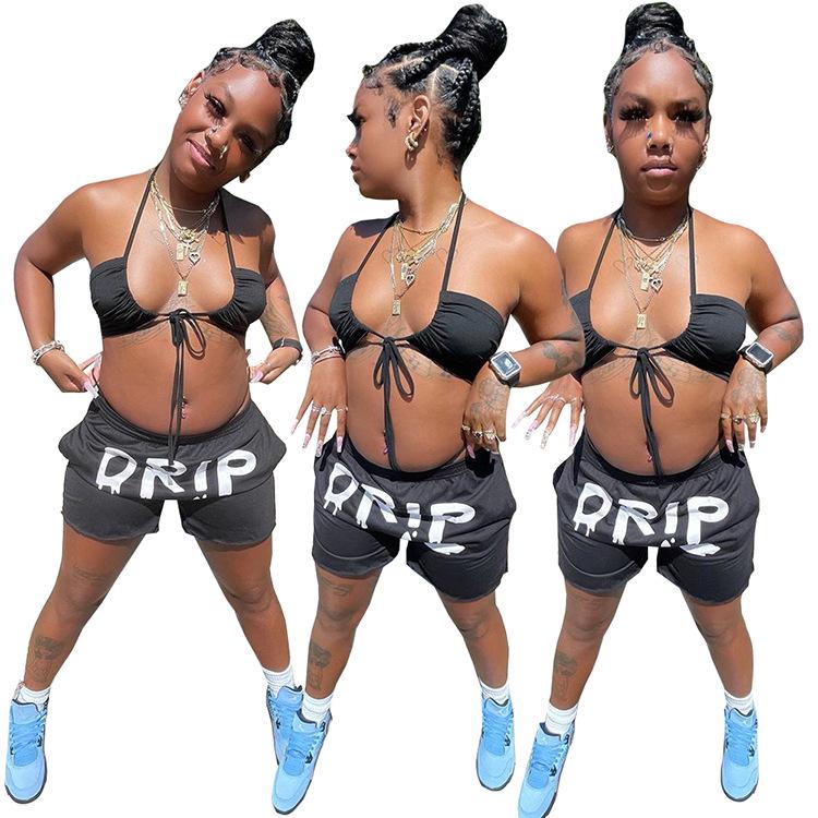 Stylish Halter Neck Printed Lace-Up Two-Piece Suit for Women