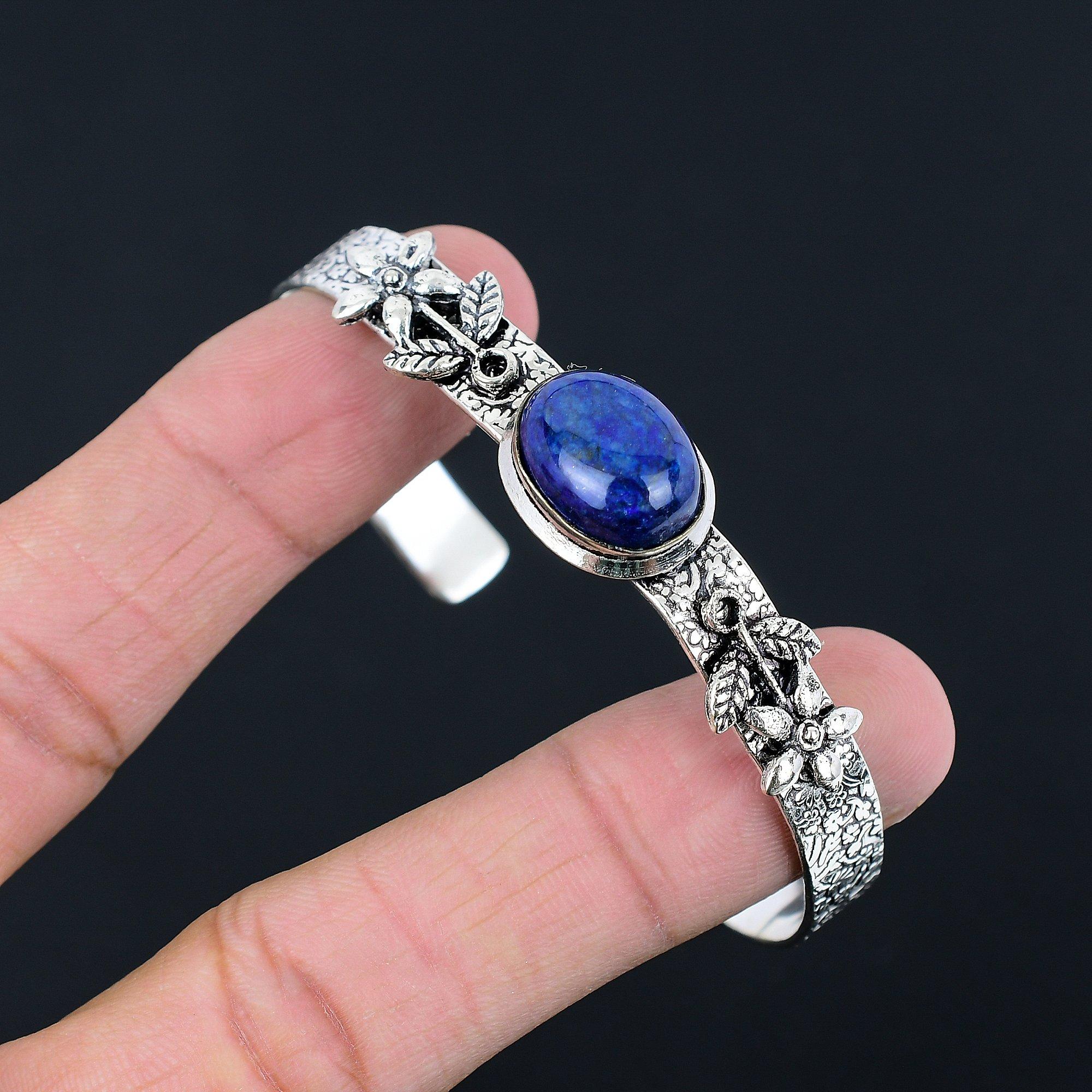 925 Silver Oval Lapis Lazuli Stone Flower Elegant Birthday Wife Bangle Jewelry Adjustable