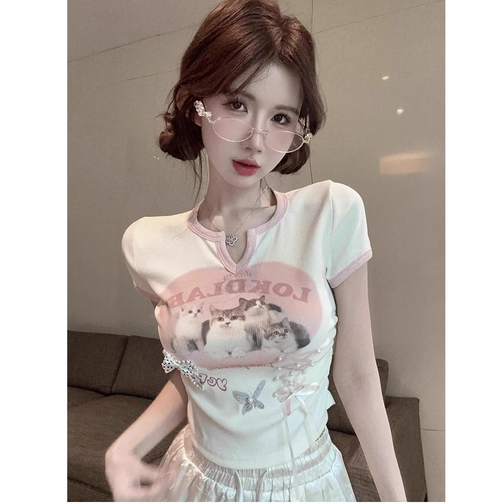 Sommer Baumwoll T-Shirts Damen V-Ausschnitt Kurzarm niedliches Cartoon T-Shirt junges Mädchen lässig Elastisch Skinny y2k Crop Tops für Damen