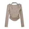 Women's Halter Neck Blouse Ribbed Fabric Ruched Waist Slim Long Sleeve Elegant Top