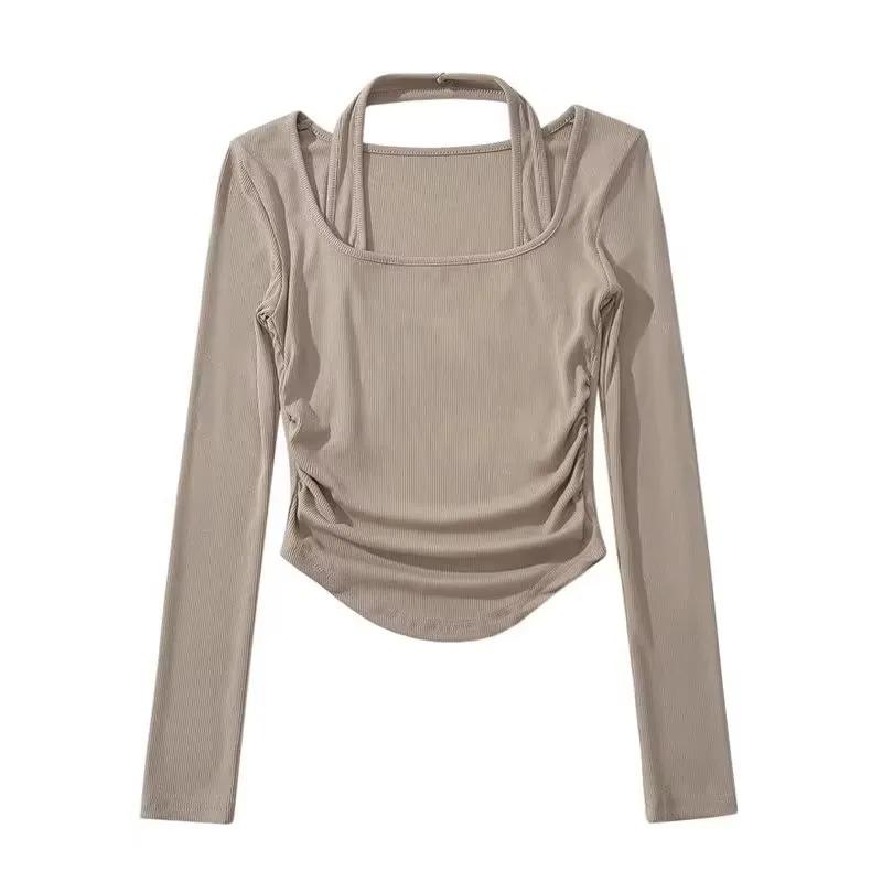 

Женская блузка с вырезом-халтер из рубчатой ткани с драпировкой на талии, облегающая, с длинным рукавом, элегантный топ S