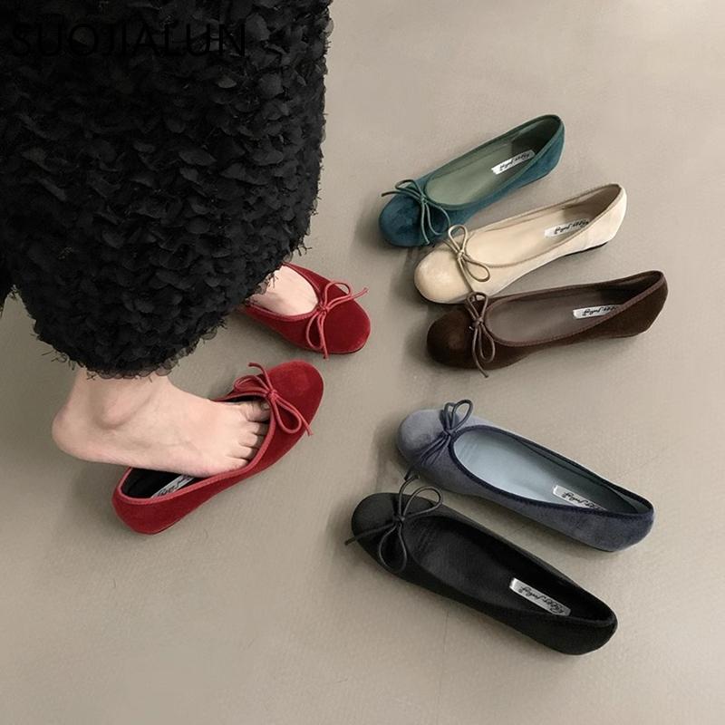 Fashion SUOJIALUN Autumn Women Flat Shoes Fashion Bow-knot Round Toe Shallow Slip On Ladies Boat Shoes Soft Flat Heel Dress Ballerinas S