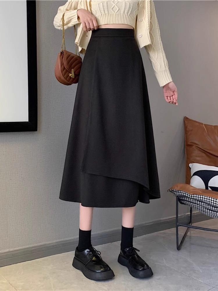 Women's Black A-Line Spring Skirt: High-Waist, Irregular Hem, Large Size with Hip-Covering Umbrella Design
