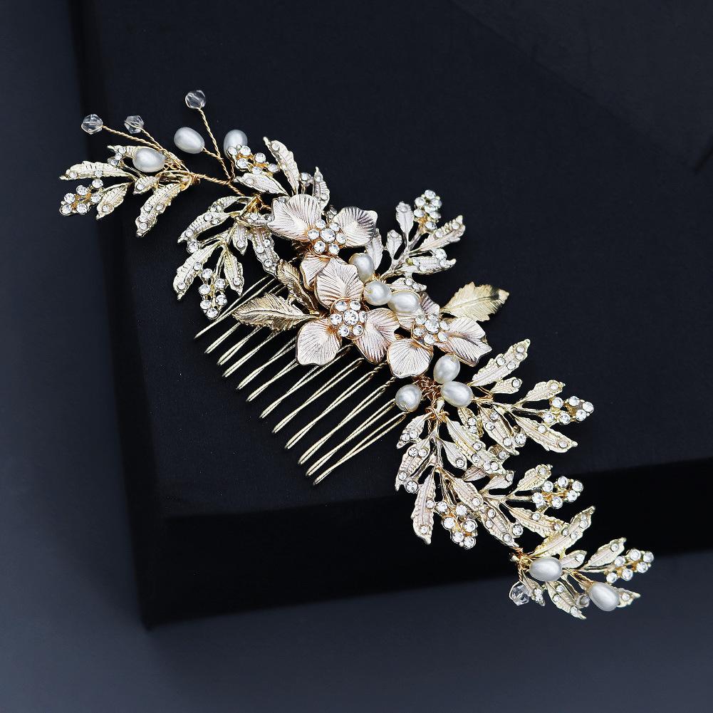 Handmade Pearl Hair Comb For Bride Wedding Updo Floral Leaf Hairpin Xiuhe Suit Headpiece Bridal Dress Accessories