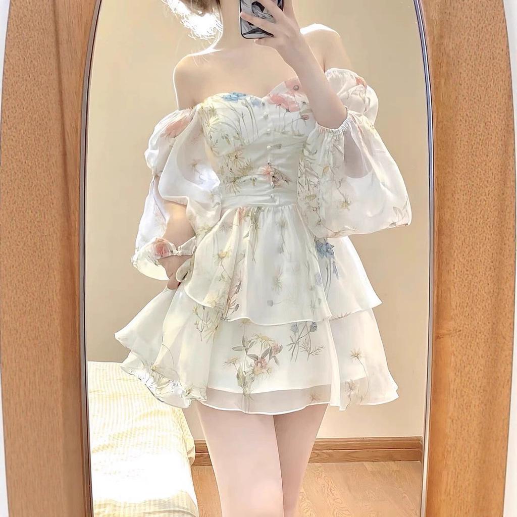 Sunscreen chiffon floral dress women's summer high-end temperament fairy irregular skirt waist small short skirt