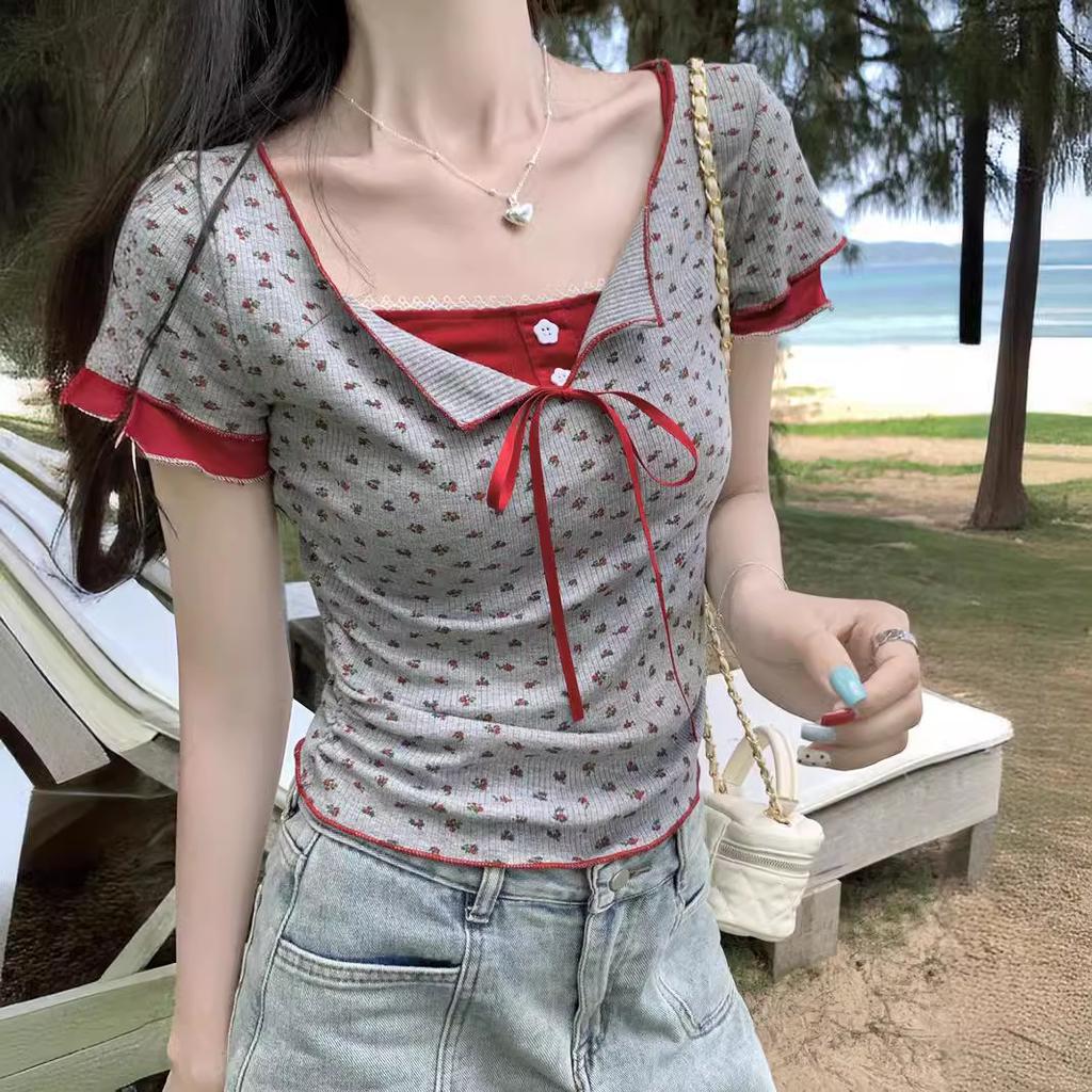 Pure and Fake Two-piece Contrasting Floral Summer New Strap Bow Sexy Short Base Top