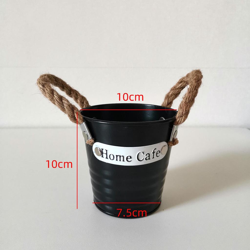 Tin Flower Pot with Hemp Rope Succulent Holder - European Pastoral Wrought Iron Bucket