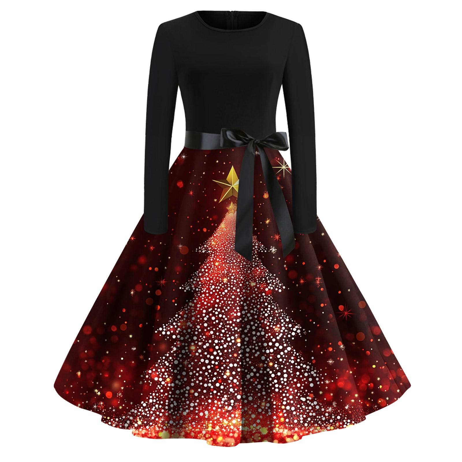 

Женское модное винтажное платье с длинным рукавом и круглым вырезом с рождественским принтом XL винный