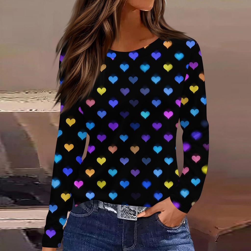 Women's Fashionable Long-Sleeved Round Neck Top with Slit Hem and Valentine's Day Heart Print