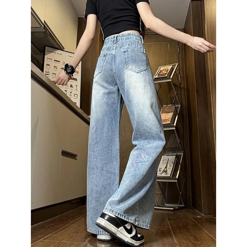 New American Style Jeans for Women Trendy Versatile High-waisted Slimming Loose Flesh-covering Straight Wide-leg Casual Trousers