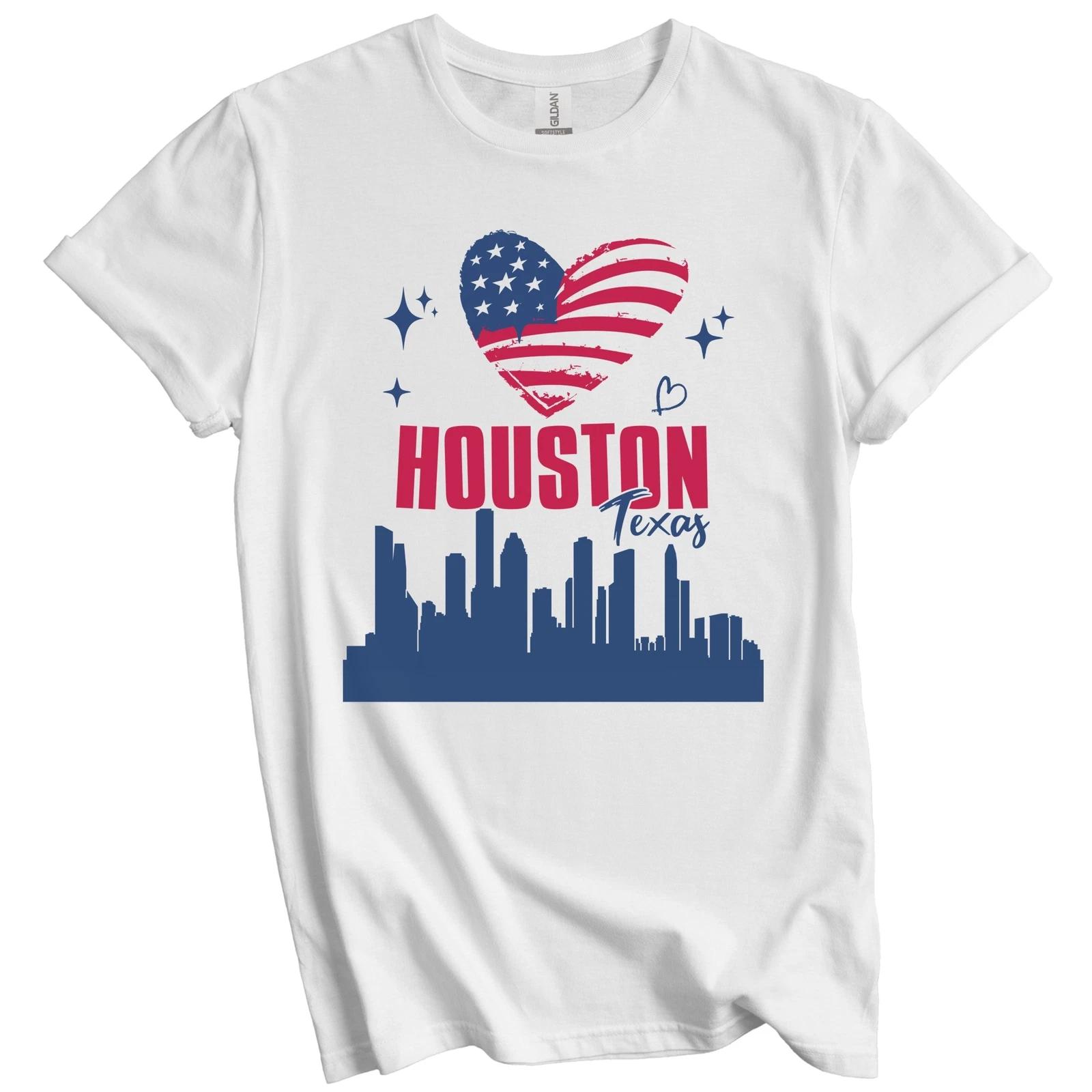 Houston Texas Skyline American Flag Heart 4th of July T-Shirt 4XL