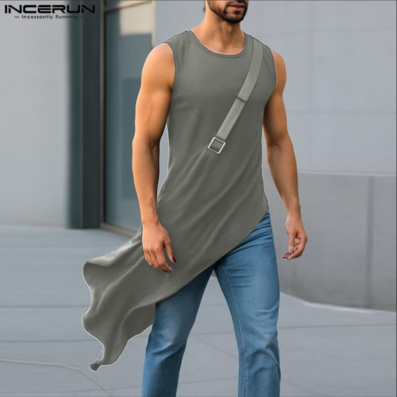 INCERUN Men Sleeveless Irregular Hem Splits Casual Long Tank Tops
