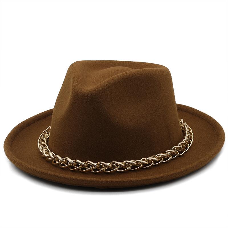 Autumn and winter simple wool upturned edge hat metal chain top hat women's European and American retro celebrity jazz hat