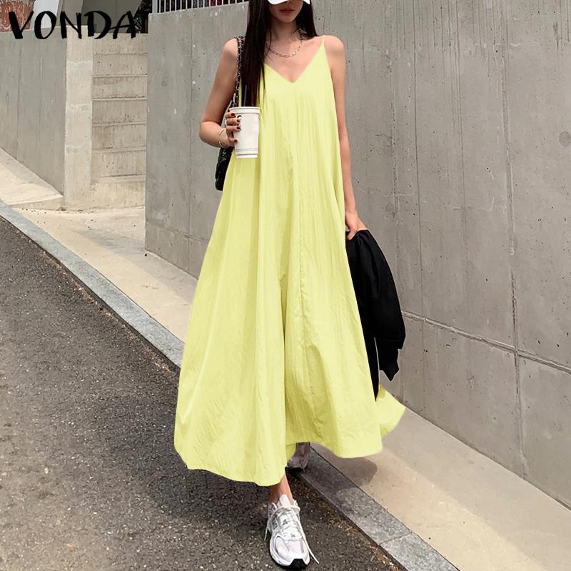VONDA Women Casual Strap Sleeveless Ruffled Baggy Casual Swing Long Dress