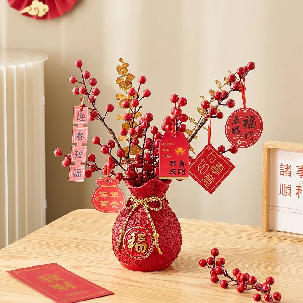 Creative New Year Living Room Decoration Gold Wheat Holly Fortune Fruit Vase Flower Arrangement Dry Flower Bag Vase