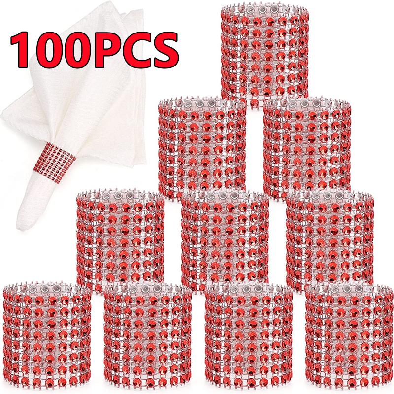 New 100PCS Rhinestone Napkin Rings Bling Decoration Gifts Wedding Dinner Elegant Gold Sliver Napkin Rings Holder Party Supplies