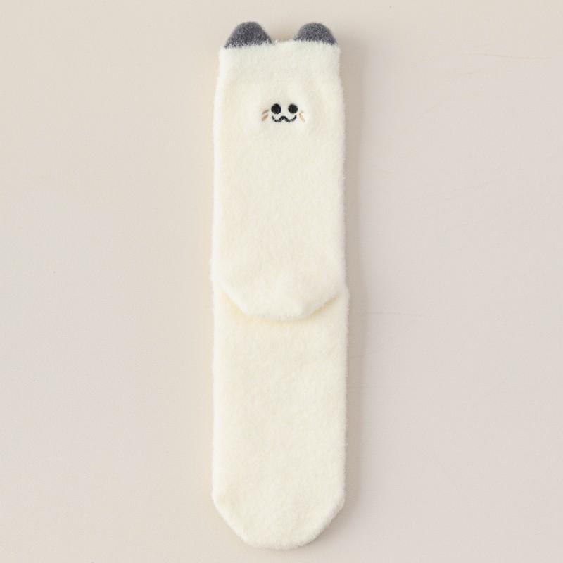 Plüschsocken für Mädchen im Winter, verdickt und bestickt, niedliche Cartoon-Mädchensocken, warmer weißer Bär, gestrickte lange Socken