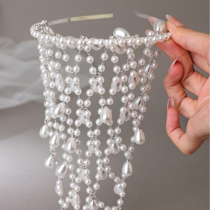 Women Hairband Pearls Hair Jewelry Bridal Modern Blingbling Tassels Pearls for Bride Wedding Party Head Cluster