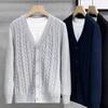 Men's Solid Color V-neck Cardigan Long-sleeved Threaded Sweater Knitted Jacket Top