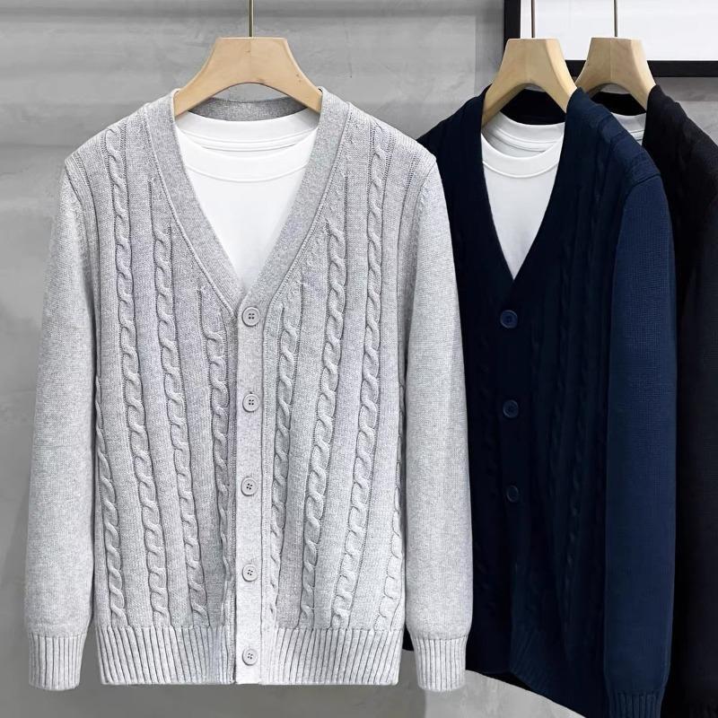Men's Solid Color V-neck Cardigan Long-sleeved Threaded Sweater Knitted Jacket Top