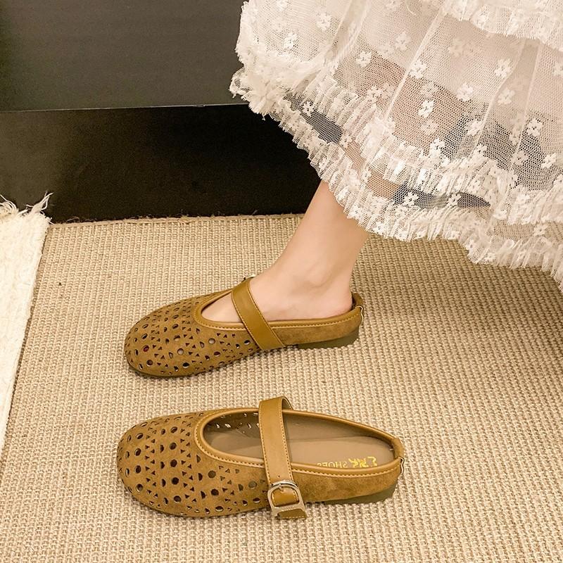 Soft bottom breathable hollow hole shoes fairy style with skirt round head flat bottom one word buckle belt Mary Jane slippers