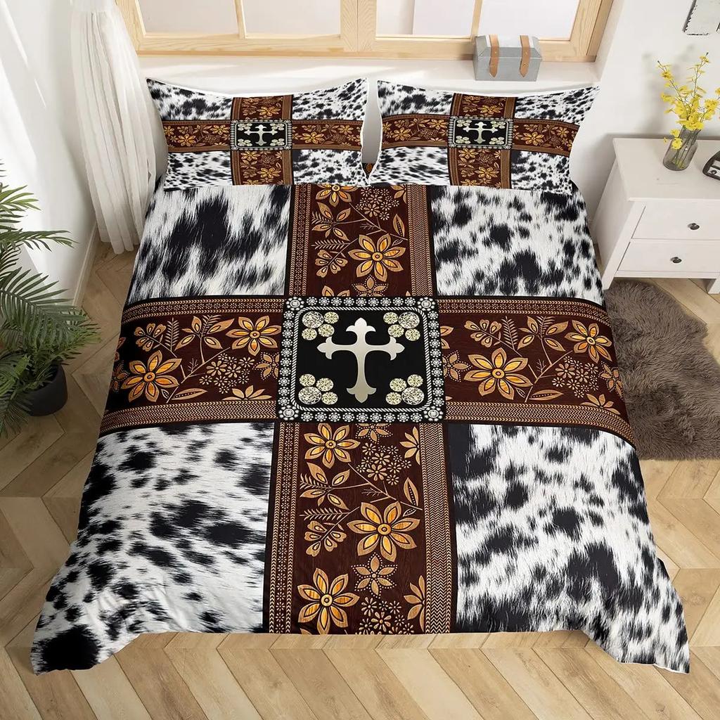 Cow Print Duvet Cover Queen Vintage Floral Bedding Set For Girls Boys Men Western Farmhouse Animal Bull Cattle Skin Quilt Cover