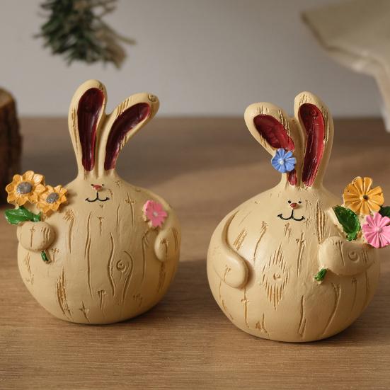 2 Pcs Easter Bunny Figurine Cute Round Garlic Bunny Statue Resin Rabbit Sculpture for Shelf Mantel Tabletop Spring Indoor Decoration