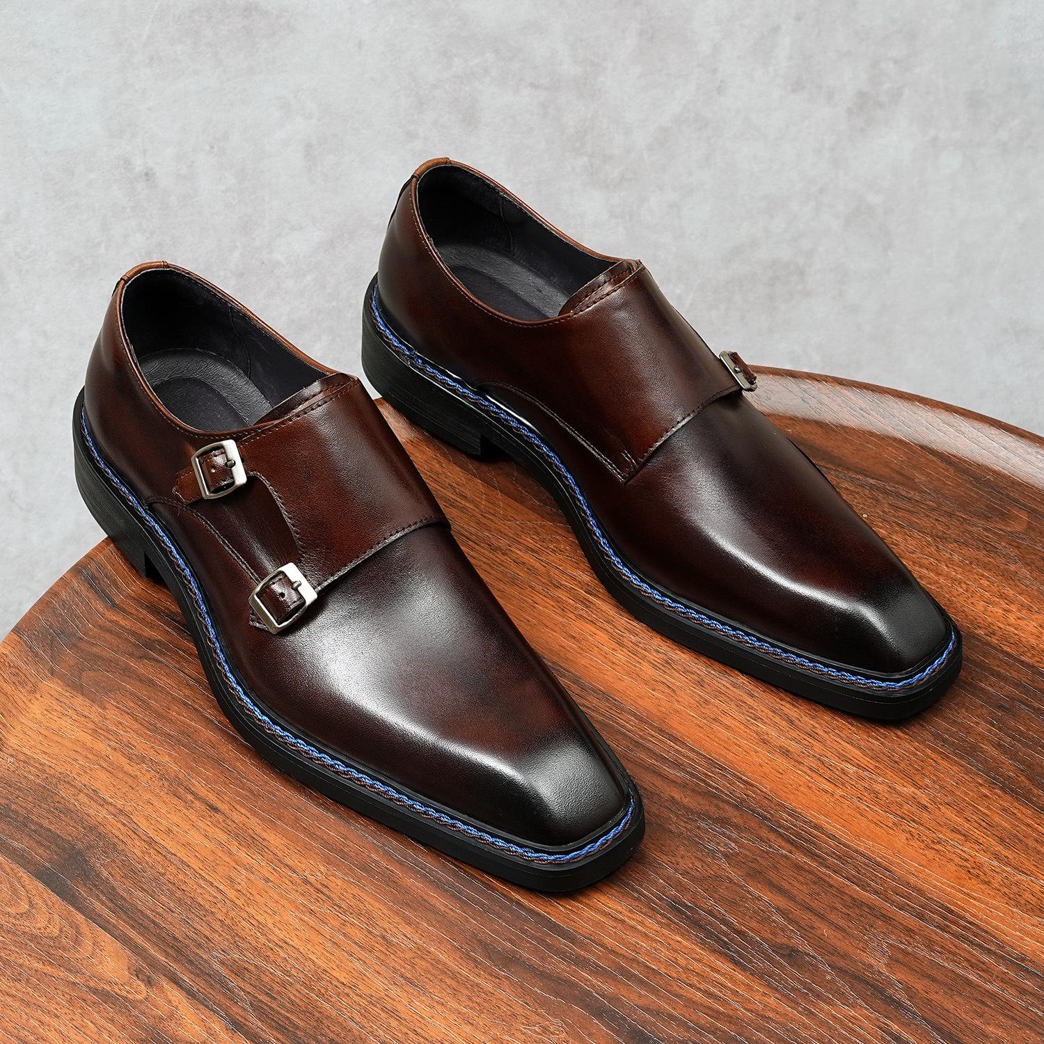 Men s Genuine Leather Square Toe Monk Shoes - British Retro Business Formal Style 44