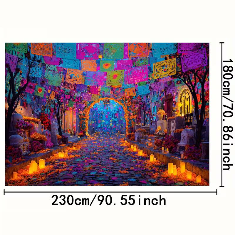 2D Mexican Day of the Dead Backdrop, Cemetery with Flags and Marigold Path Background