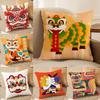 Oriental Festive Lion Print Pillow Case Double-Sided Plush Sofa Cushion Covers Organic Breathable Invisible Zipper