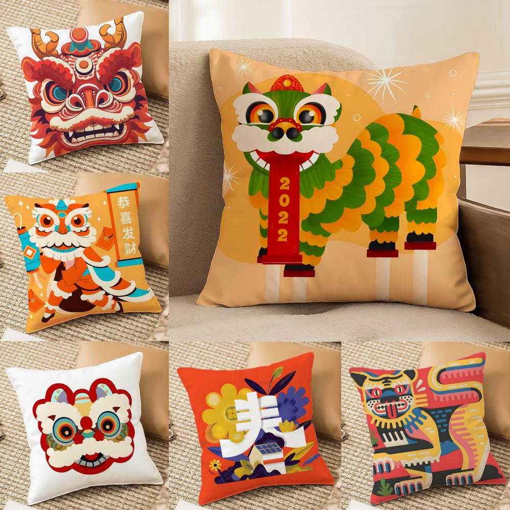 Oriental Festive Lion Print Pillow Case Double-Sided Plush Sofa Cushion Covers Organic Breathable Invisible Zipper